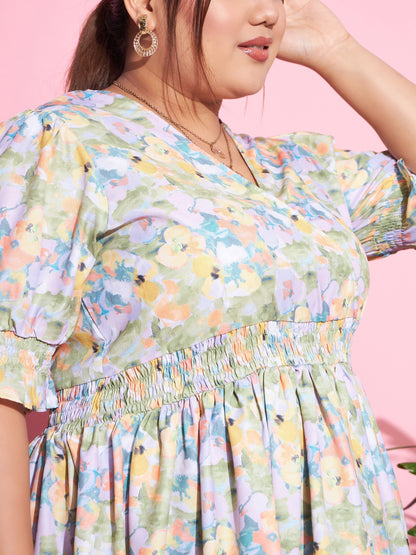 Women's Green Floral Smocked Sleeve Peplum Top