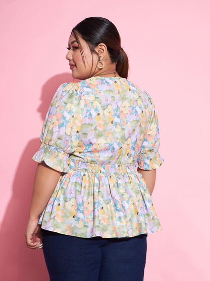 Women's Green Floral Smocked Sleeve Peplum Top