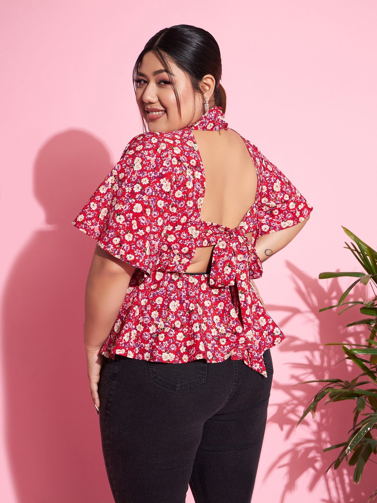 Women's Red Floral Back Tie-up Top