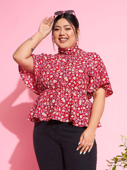 Women's Red Floral Back Tie-up Top