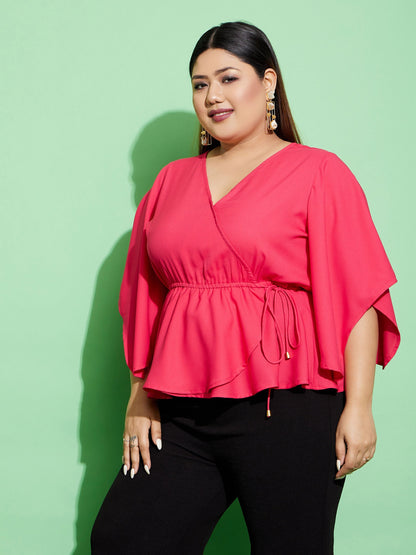 Women's Fuchsia Short Frill Sleeves Wrap Top