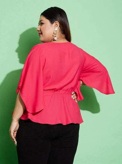 Women's Fuchsia Short Frill Sleeves Wrap Top