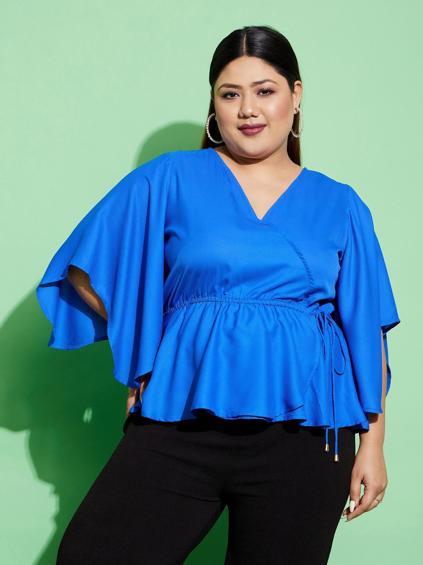 Women's Royal Blue Short Frill Sleeves Wrap Top