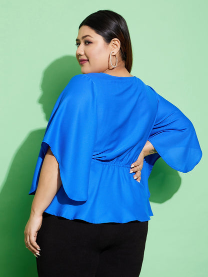 Women's Royal Blue Short Frill Sleeves Wrap Top