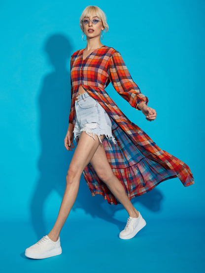 Women's Red Yarndyed Check Longline Tiered Top