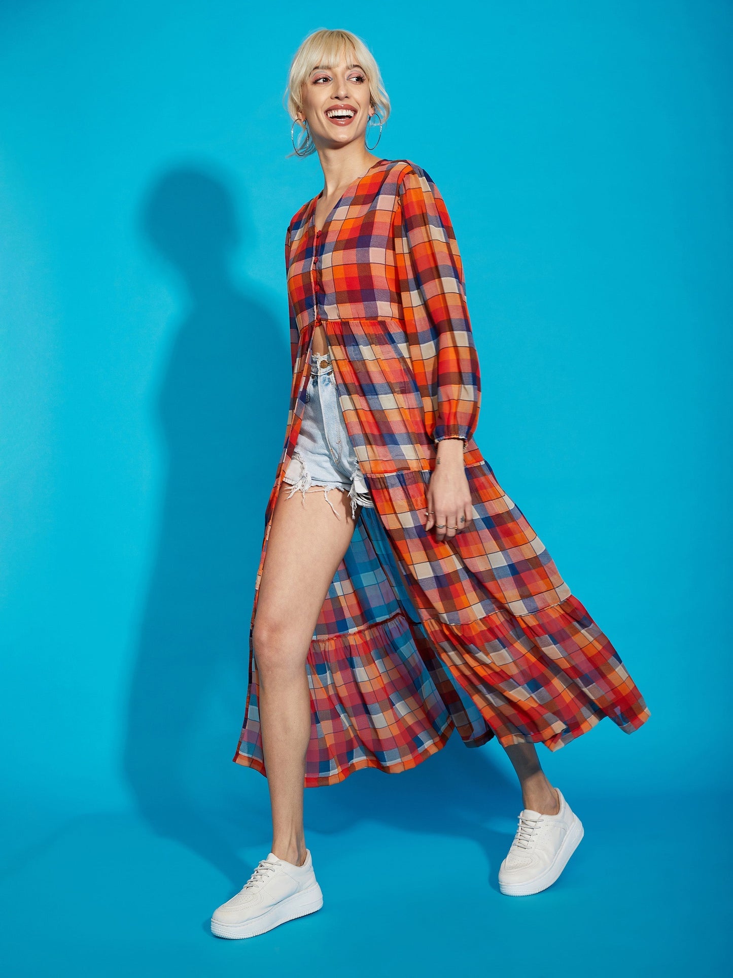 Women's Red Yarndyed Check Longline Tiered Top