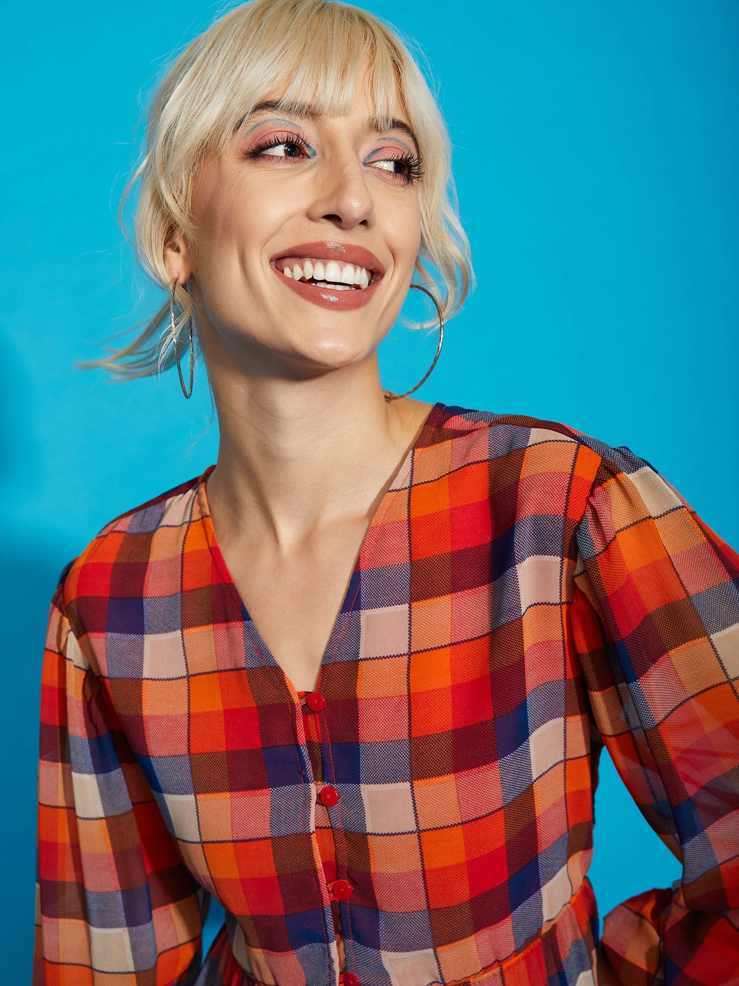 Women's Red Yarndyed Check Longline Tiered Top