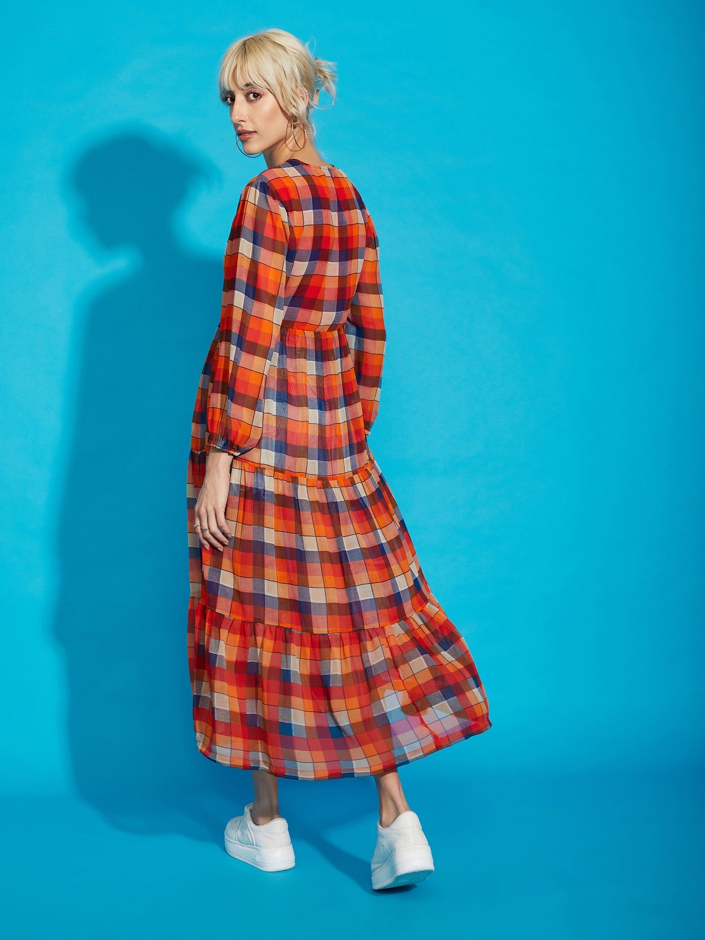 Women's Red Yarndyed Check Longline Tiered Top