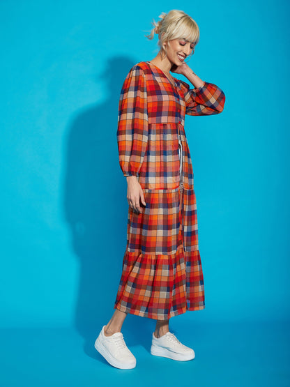 Women's Red Yarndyed Check Longline Tiered Top