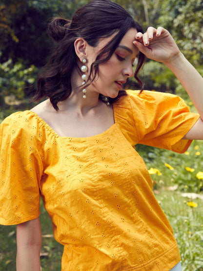 Women's Mustard Schiffli Square Neck Smoked Top