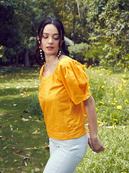 Women's Mustard Schiffli Square Neck Smoked Top