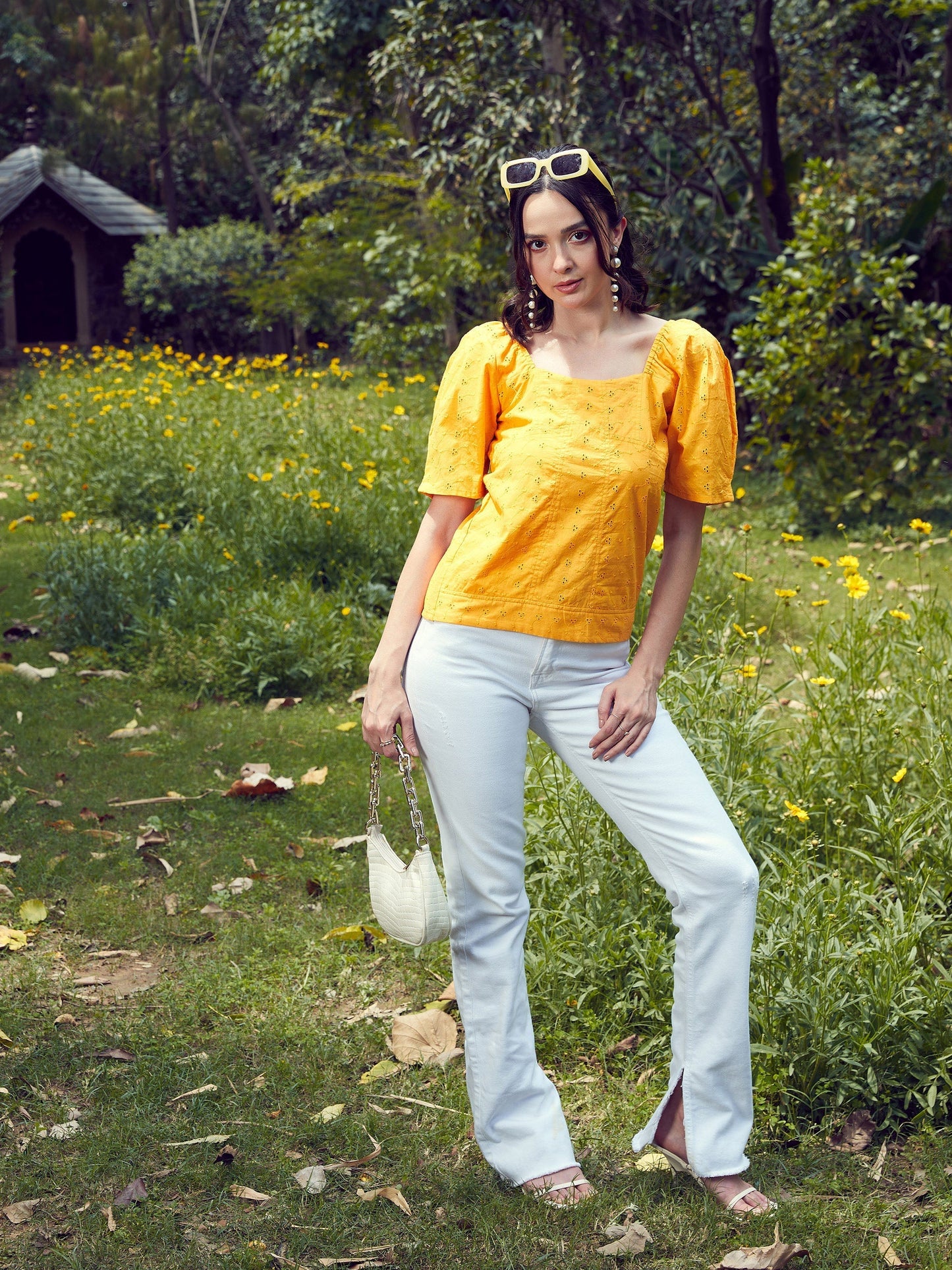 Women's Mustard Schiffli Square Neck Smoked Top