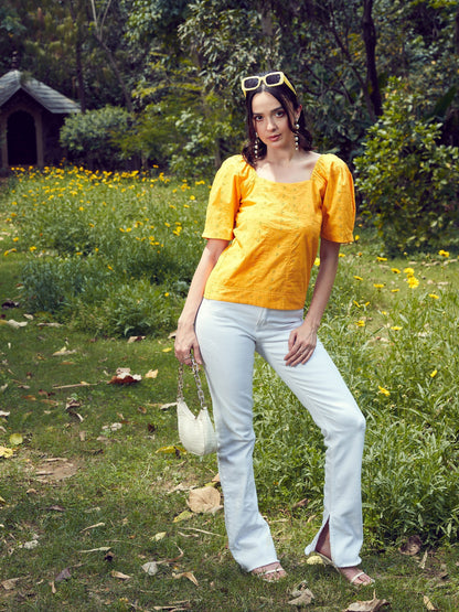 Women's Mustard Schiffli Square Neck Smoked Top