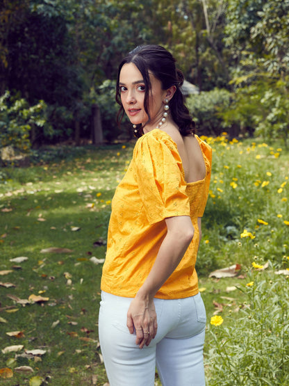Women's Mustard Schiffli Square Neck Smoked Top