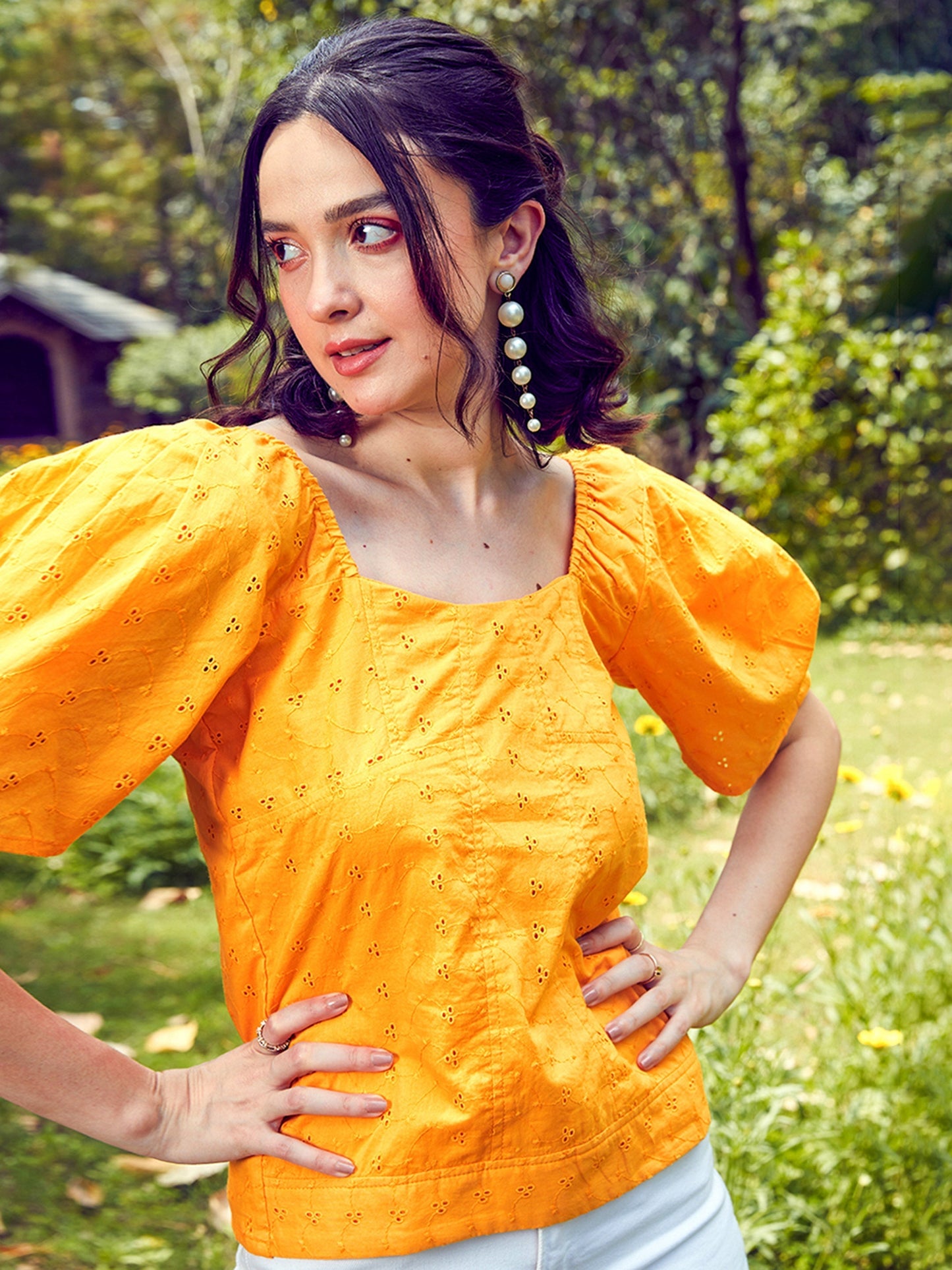Women's Mustard Schiffli Square Neck Smoked Top