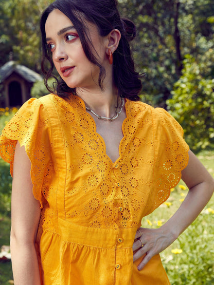 Women's Mustard Schiffli V-Neck Top