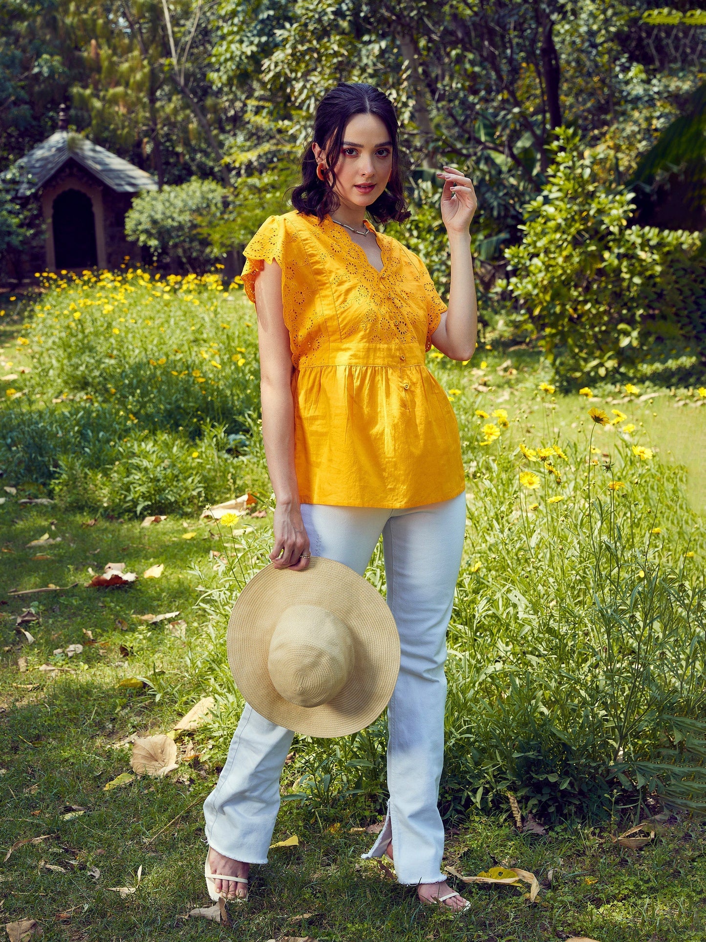 Women's Mustard Schiffli V-Neck Top