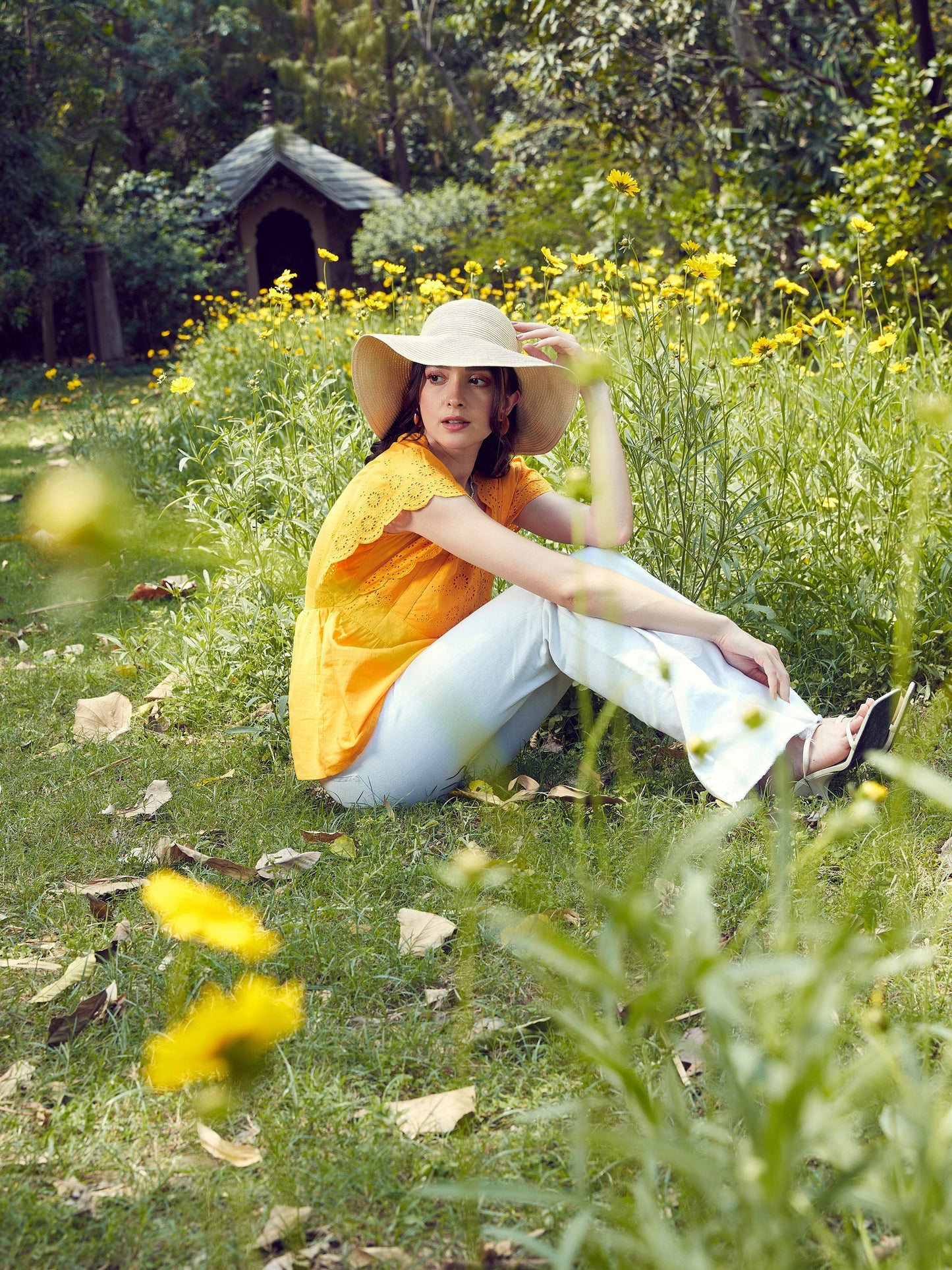 Women's Mustard Schiffli V-Neck Top