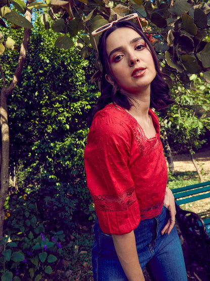 Women's Red Schiffli Square Neck Crop Top