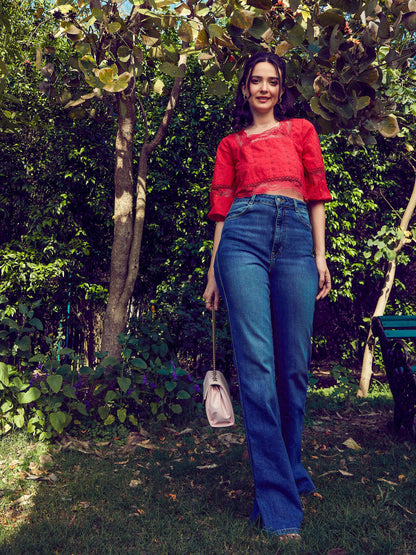 Women's Red Schiffli Square Neck Crop Top