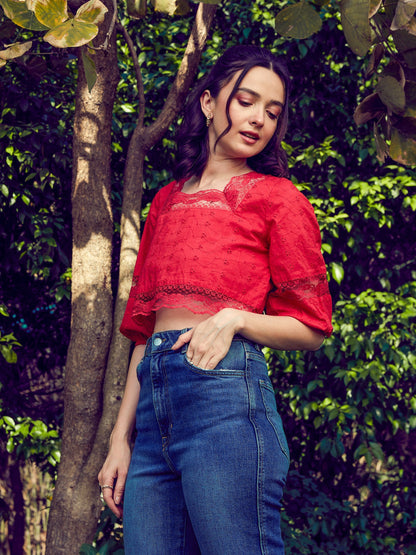 Women's Red Schiffli Square Neck Crop Top
