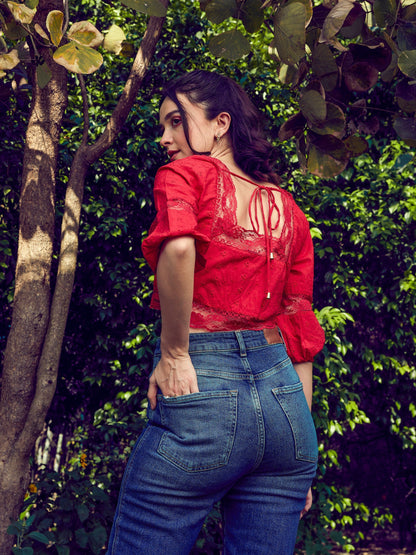 Women's Red Schiffli Square Neck Crop Top