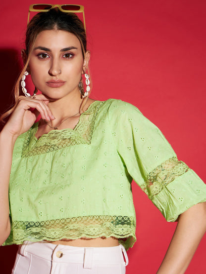 Women's Lime Green Schiffli Square Neck Crop Top