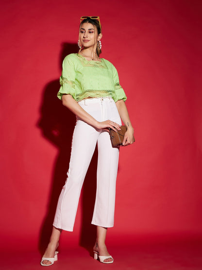 Women's Lime Green Schiffli Square Neck Crop Top