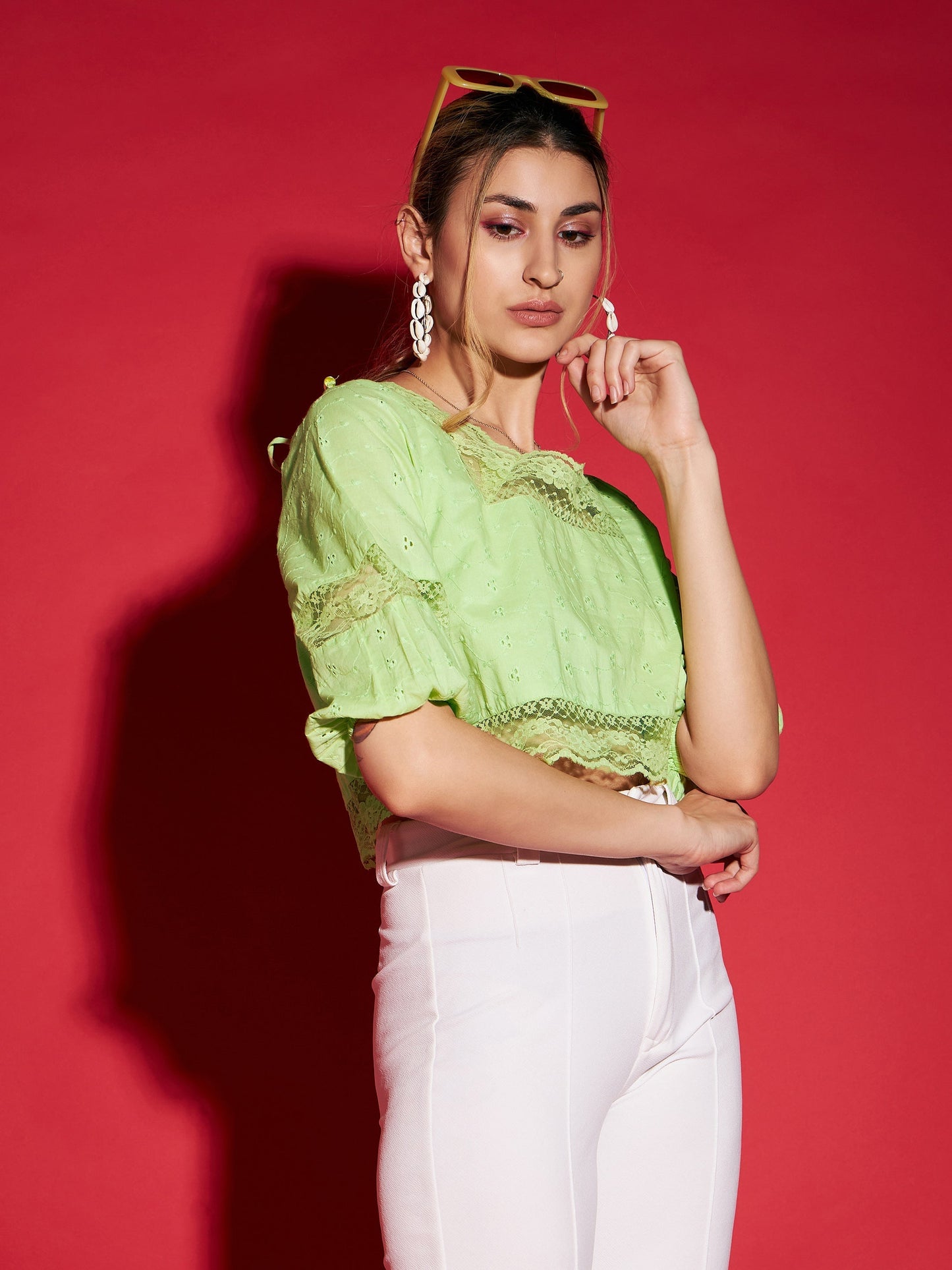 Women's Lime Green Schiffli Square Neck Crop Top