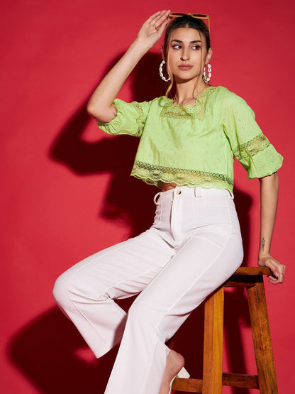 Women's Lime Green Schiffli Square Neck Crop Top