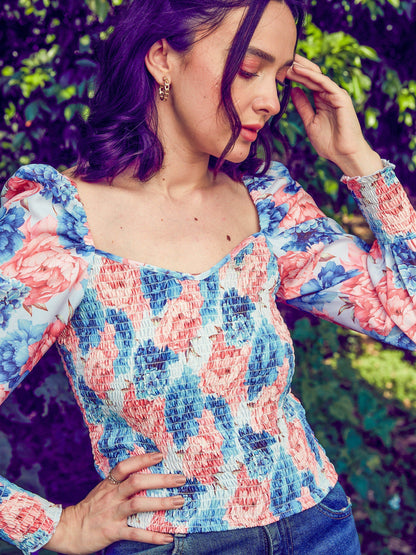 Women's Blue Floral Smoked Top