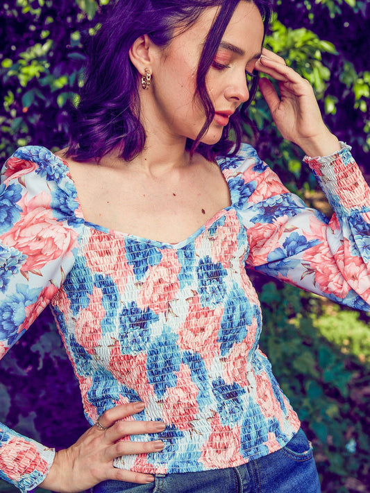 Women's Blue Floral Smoked Top