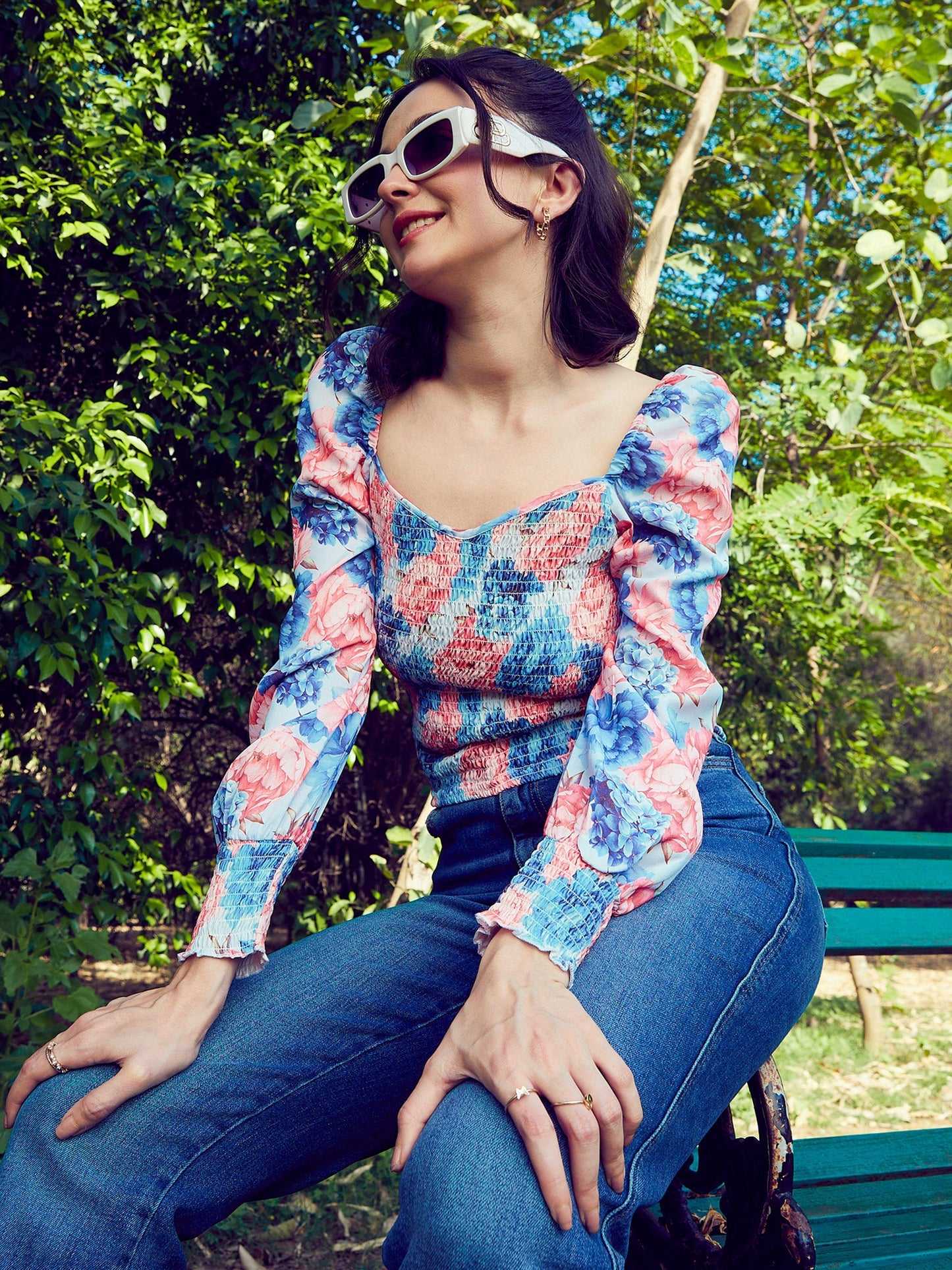 Women's Blue Floral Smoked Top