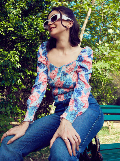 Women's Blue Floral Smoked Top