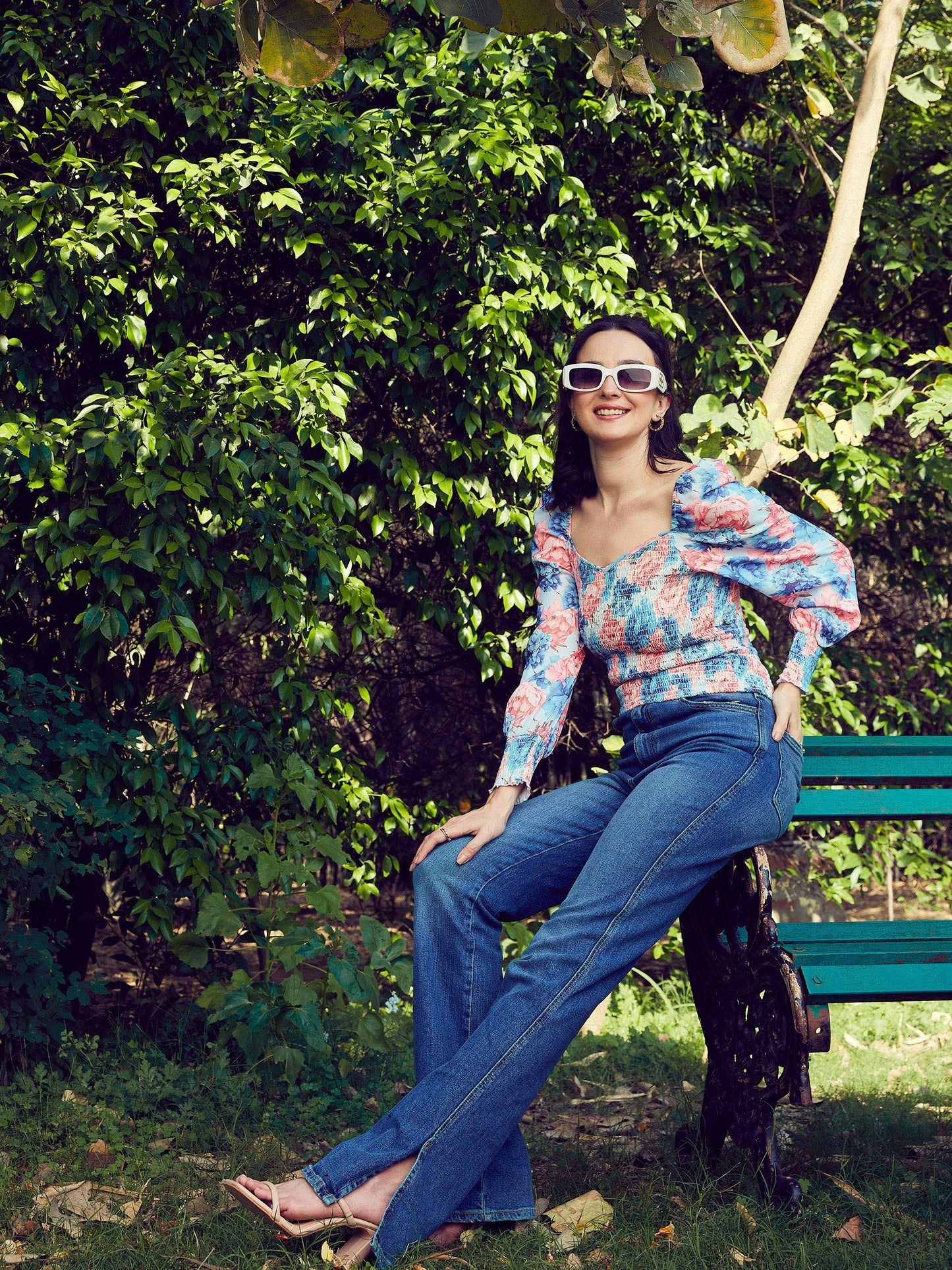 Women's Blue Floral Smoked Top