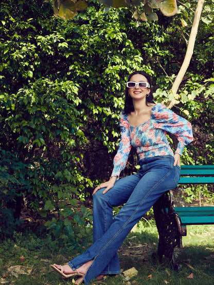 Women's Blue Floral Smoked Top