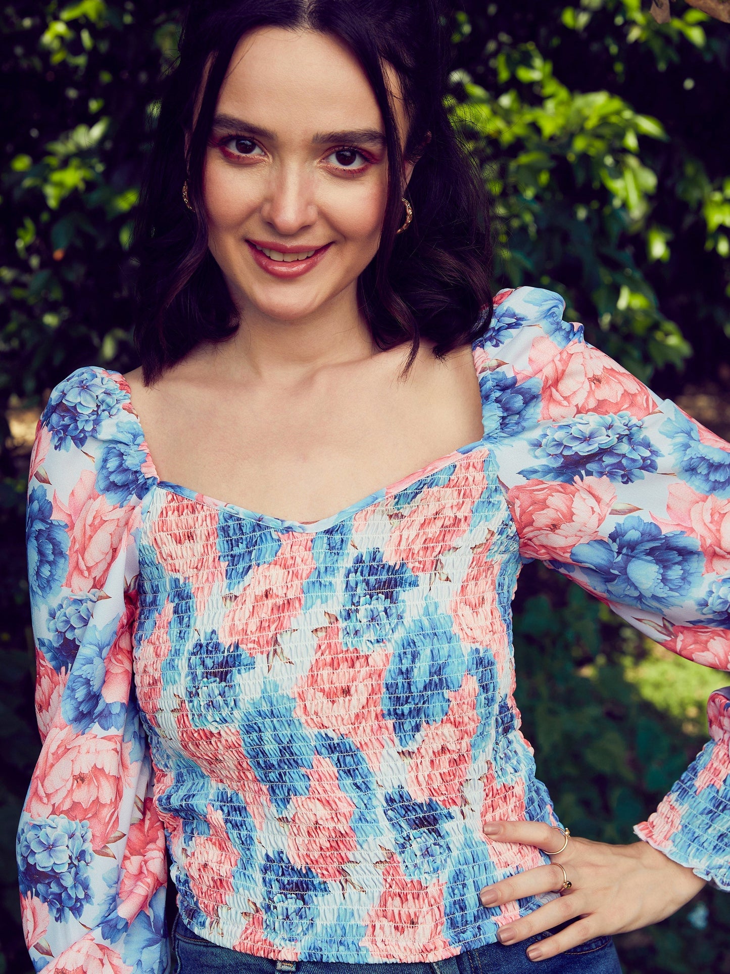 Women's Blue Floral Smoked Top