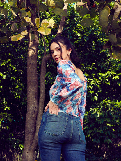 Women's Blue Floral Smoked Top