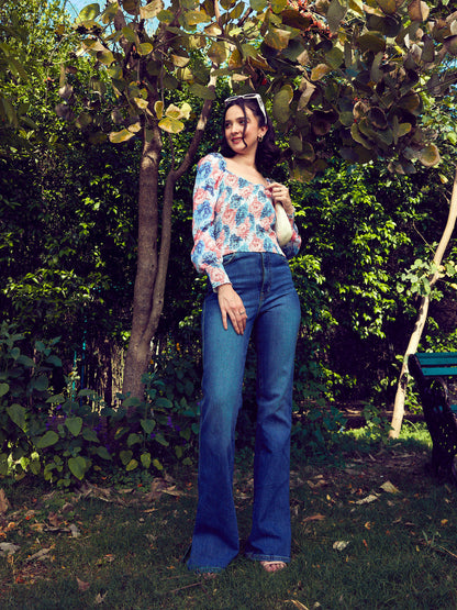 Women's Blue Floral Smoked Top