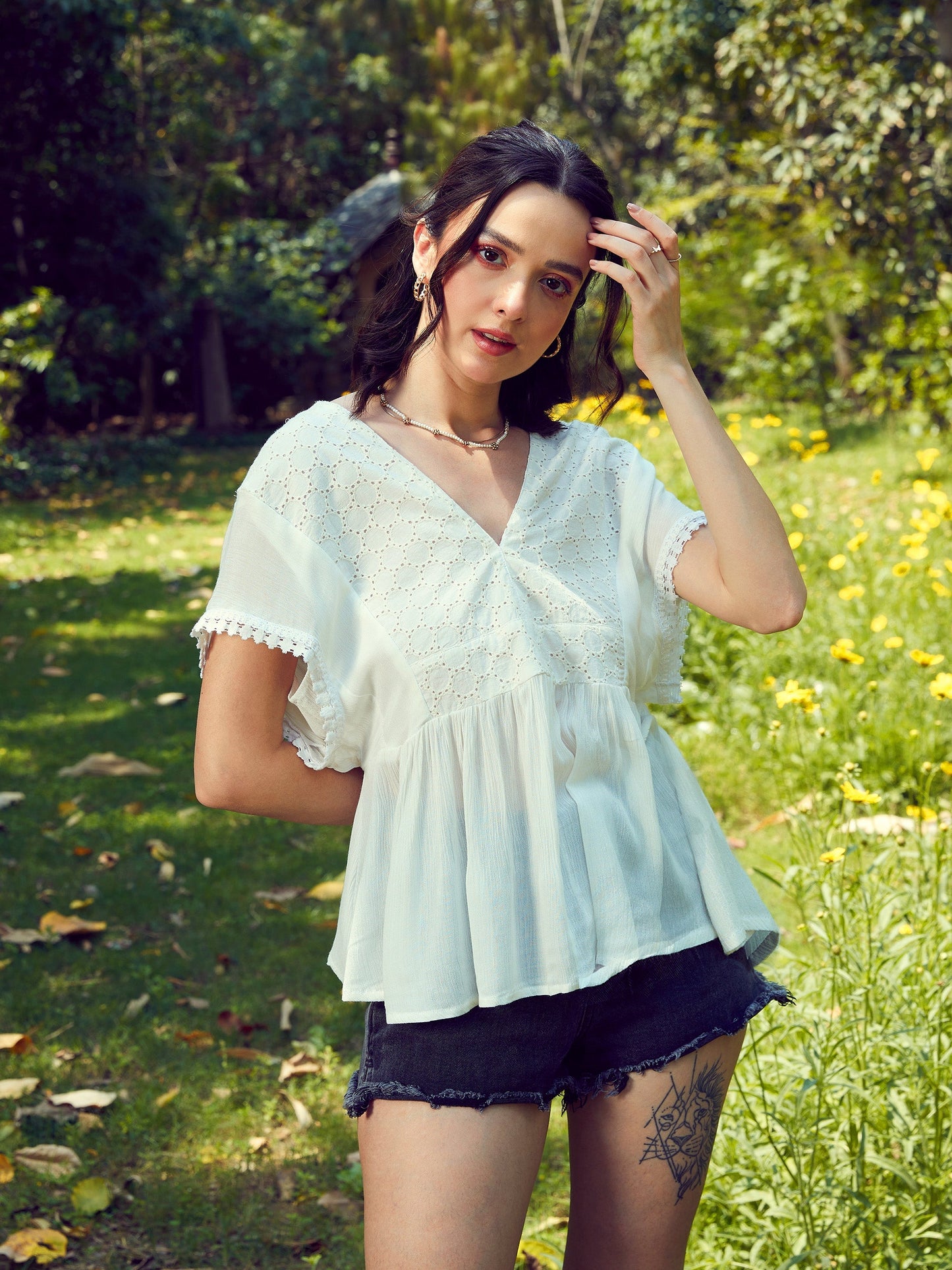 Women's White Front Yoke Schiffli Peplum Top