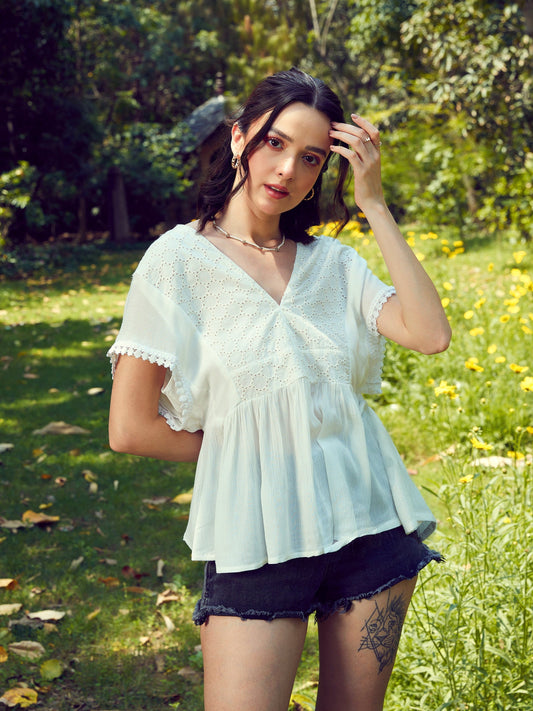 Women's White Front Yoke Schiffli Peplum Top