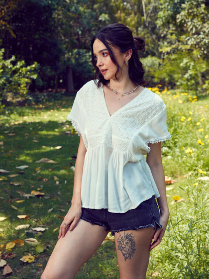 Women's White Front Yoke Schiffli Peplum Top