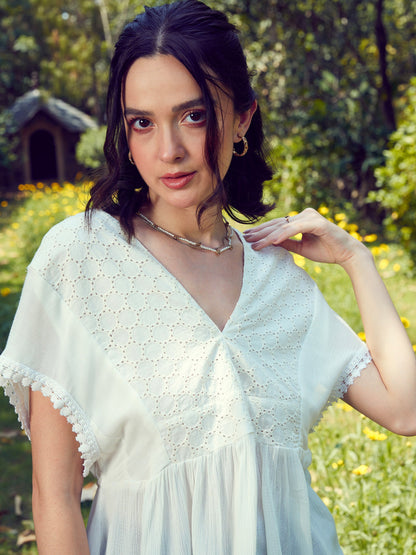 Women's White Front Yoke Schiffli Peplum Top