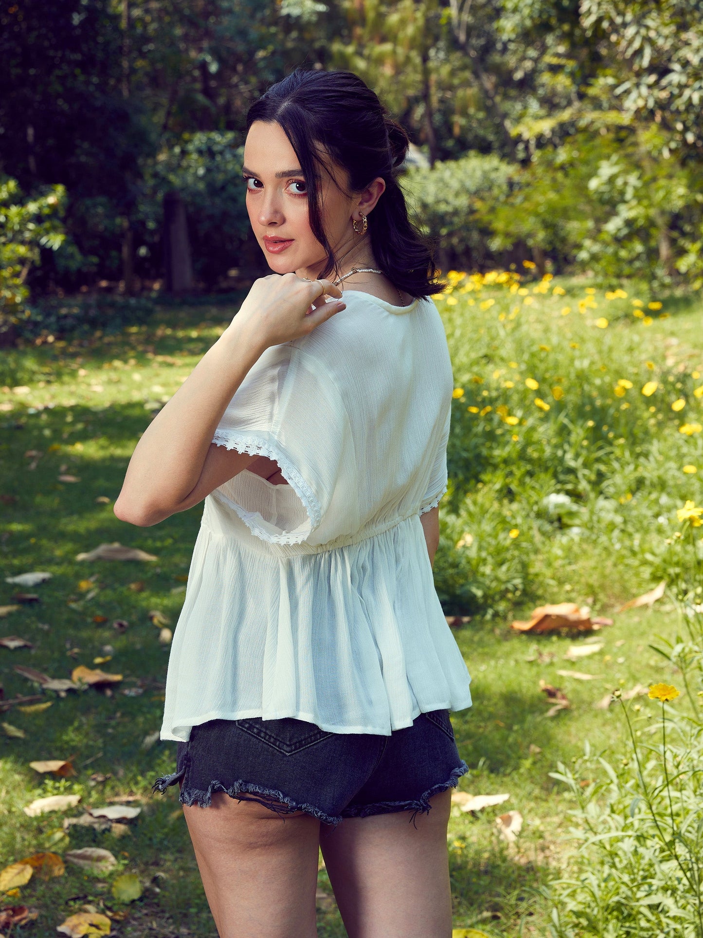 Women's White Front Yoke Schiffli Peplum Top