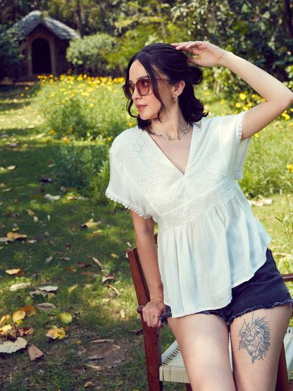 Women's White Front Yoke Schiffli Peplum Top