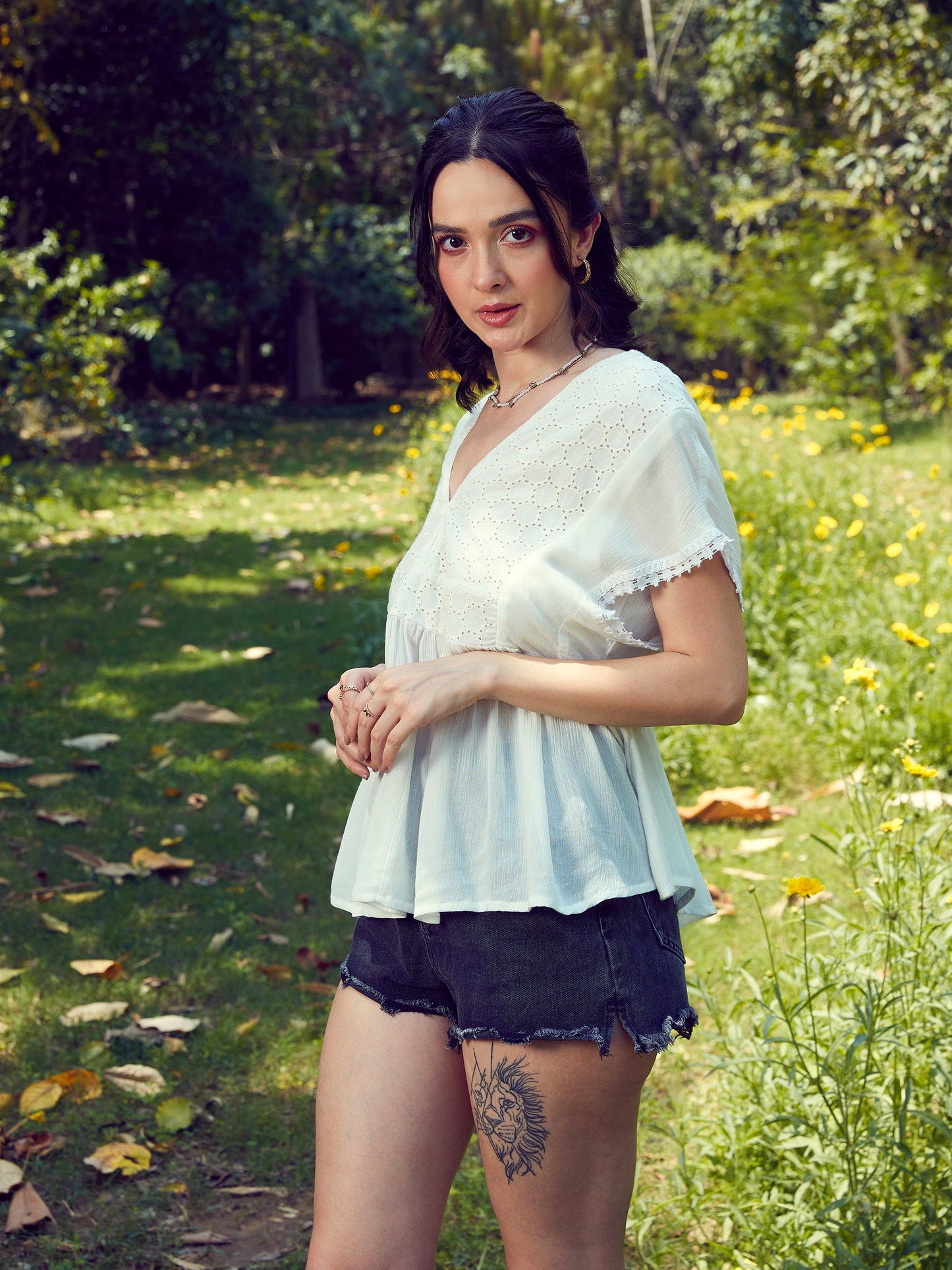 Women's White Front Yoke Schiffli Peplum Top
