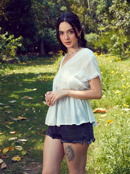 Women's White Front Yoke Schiffli Peplum Top