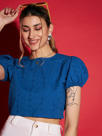 Women's Royal Blue Schiffli Back-Tie Crop Top