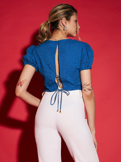 Women's Royal Blue Schiffli Back-Tie Crop Top