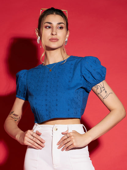 Women's Royal Blue Schiffli Back-Tie Crop Top